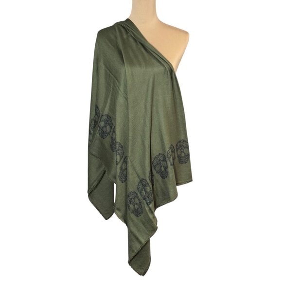 Blue Pacific Cashmere Blend Scarf Skull Print Green Large Square Grunge Goth - Picture 3 of 10